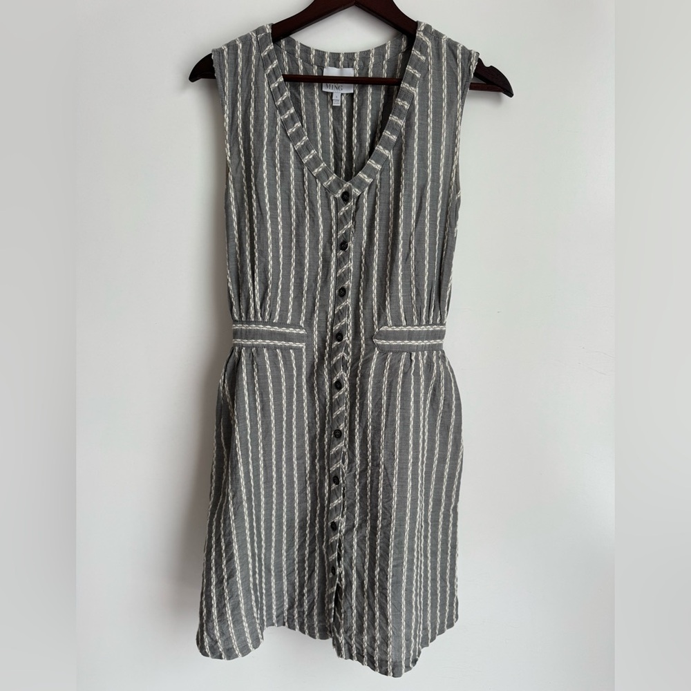 Wai Ming Women Small‎ Tank Dress Fit Flare Cotton Linen Gray White Button Down